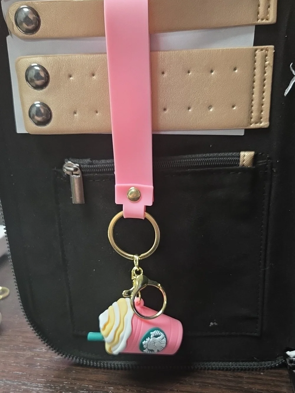 Starbucks Pink Strap Key & Frappuccino Charm with Gold Hardware